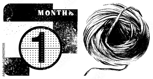 Retro calendar design with “MONTH 1” text, halftone dot, yarn ball illustration, typographic layout, print.