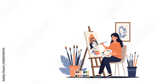 Creative female artist sitting in her studio while painting a beautiful portrait on a canvas using a wooden easel and colorful palette.