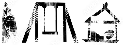 Stylized black and white vector with halftone texture clock tower, swing set, house silhouette, distressed print, retro graphic design.