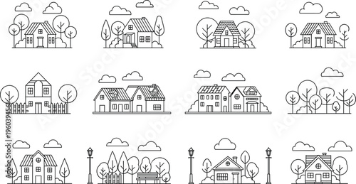 Residential house and neighborhood line art vector set with suburban homes trees park clouds and property architecture elements