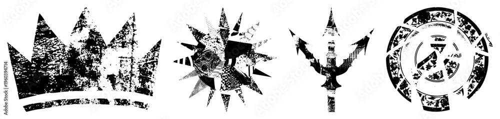 Obraz premium Distressed black and white vector crown, sunburst, trident, circular emblem. Stylized symbols with gritty texture, ideal for logos or graphic design projects.