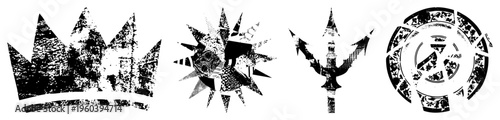 Distressed black and white vector crown, sunburst, trident, circular emblem. Stylized symbols with gritty texture, ideal for logos or graphic design projects.