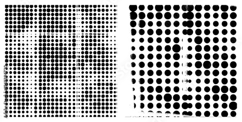 Black and white halftone dot matrix, vector graphic for design, print, or digital art, isolated circular shapes in varying density.