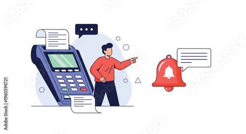 Customer pointing at a POS credit card terminal after receiving a mobile notification bell for a successful payment transaction.