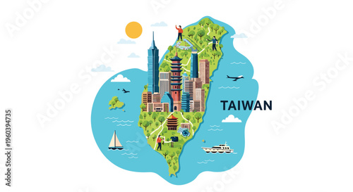 Illustrated map of Taiwan island showing major cities, landmarks, nature trails, and surrounding ocean with boats and marine life.