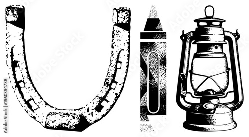 Rustic horseshoe with nail holes, vintage crayon with textured body, classic oil lantern with glass globe all in halftone vector style.