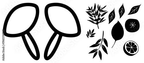 Stylized kitchen tools and botanicals in bold art, including ladles, olive sprigs, lemon slices, and bay leaves, minimalist culinary.