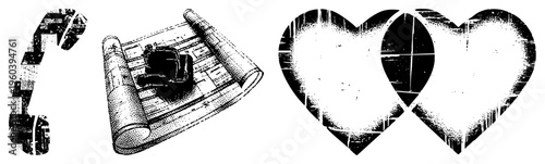 Retro rotary phone, rolled architectural plans, shattered heart symbols, vector art, distressed texture, graphic design elements.