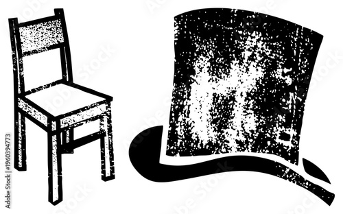 Classic wooden chair with slatted back, top hat with brim and textured surface, graphic, retro illustration, stylized furniture, vintage accessories.