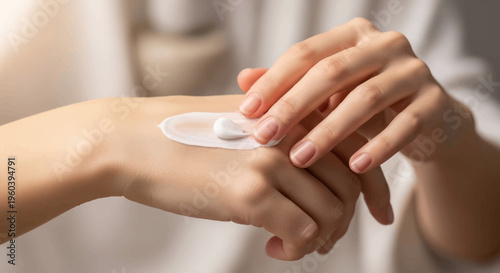 Close-up of a woman's hand applying moisturizing cream for soft, healthy skin.