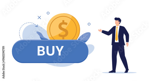 Professional businessman in a suit stands next to a large blue buy button and a gold dollar coin for an e-commerce concept.