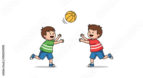 Two happy young boys in green and red shirts are playing and catching a yellow beach ball on a clean white background.