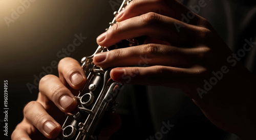 Close-up of musician's hands playing a clarinet with dramatic lighting