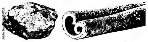 Rough stone surface and rolled cinnamon bark, halftone texture, natural ingredients, spice illustration, botanical graphic, culinary element, aromatic detail.