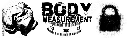 Crumpled paper ball, body measurement text with ruler, halftone weight scale, fitness tracking, health assessment, body metrics, gym equipment, wellness tools.