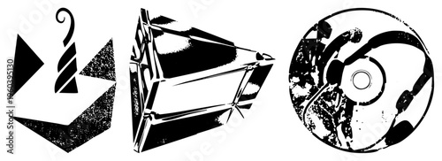 Stylized graphic symbols featuring angular forms, twisted, and fragmented circles modernist design with gritty texture, isolated vector art, black and white composition.