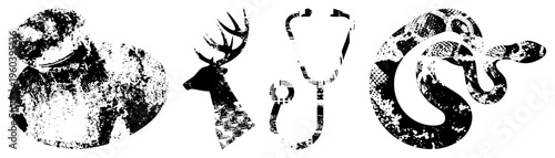 Stylized halftone silhouettes of deer, stethoscope, and snake in black and white, graphic design elements for medical or nature themes, textured, vector art.