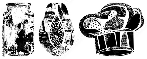 Hand drawn vector illustrations of a rustic jar, peanut pod, and chef hat with intricate textures, design, graphic art, culinary.