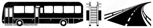 Vector bus silhouette, highway road with guardrails, ladder, transportation symbols, transit design elements, urban mobility graphics.