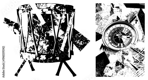 Black and white drum with sticks and roulette wheel with numbered slots, bold halftone textures, isolated vector art, casino and music.