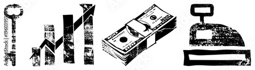 antique key, upward trend graph, money stack, ironing board, stylized vector symbols for finance and home use.