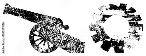 Historical cannon with spoked wheel and industrial gear, both rendered in distressed black vector art, isolated on transparent background, ideal for military or mechanical design themes.
