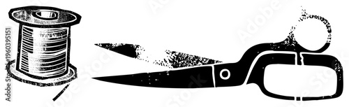 Classic sewing tools thread spool with wound, metal scissors with ergonomic handles, craft utility, textile art, fabric cutting, essentials.