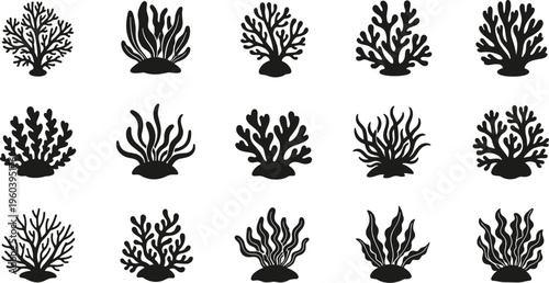 Coral Reef Silhouette Icon Set with Underwater Marine Coral Branch Sea Plant Shapes Collection for Ocean Biology Education Aquarium Designs and Graphic Projects