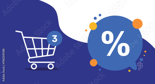 E-commerce shopping cart icon with a notification badge next to a large blue speech bubble showing a white percentage discount sign.