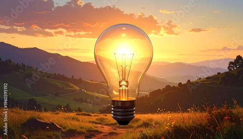 A glowing lightbulb on a path in a serene landscape
