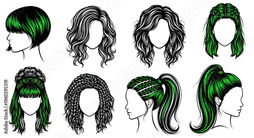Collection of Diverse Hairstyles Hand Drawn Sketch with Green Accents