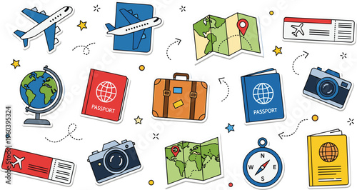 Travel and vacation sticker vector set with airplane passport map globe suitcase camera compass and flight tickets elements