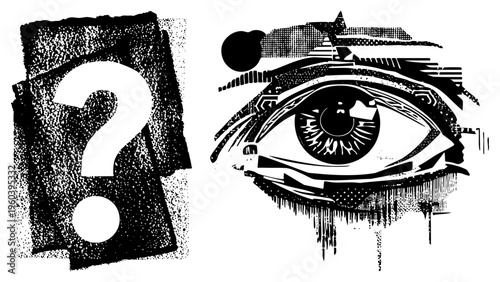Graphic combining question mark and eye motif, stylized halftone illustration, mystery and observation theme, symbolic, bold vector art.