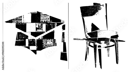 Vector art of academic cap and chair with fragmented texture, graphic design elements, educational, composition.