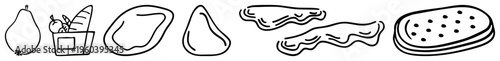 Minimalist drawings of food pear, grocery basket, steak, chicken, bacon strips, cracker stack. Clean vector for design use.