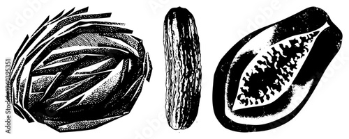 Black and white halftone illustrations of cabbage, cucumber, and papaya slice, stylized with and dot, food graphic, vegetable art.