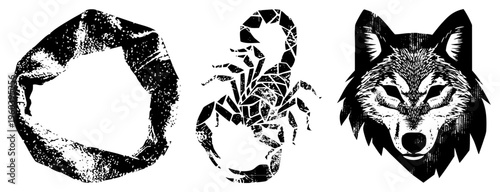 Vintage styled vector cracked stone ring, fragmented scorpion, detailed wolf head, all with gritty texture. Perfect for logos, tattoos, or design.