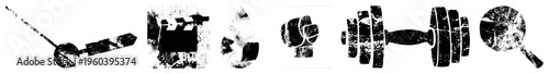 Vector with distressed texture film clapper, water droplet, clenched fist, dumbbell, magnifying glass isolated symbols for design, apps, or UI.