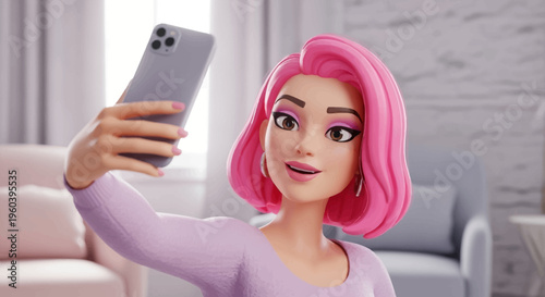 3D Barbie-like woman with pink hair taking a selfie on her smartphone