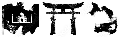 Taj Mahal, Japanese Torii gate, and abstract map silhouette, rendered as bold vector with halftone texture, ideal for travel or cultural design.