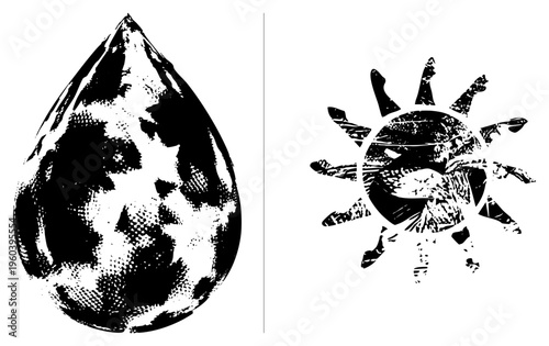 Black and white halftone water drop and sun graphic, stencil style vector art, isolated symbols for design, minimalist emblem, print.