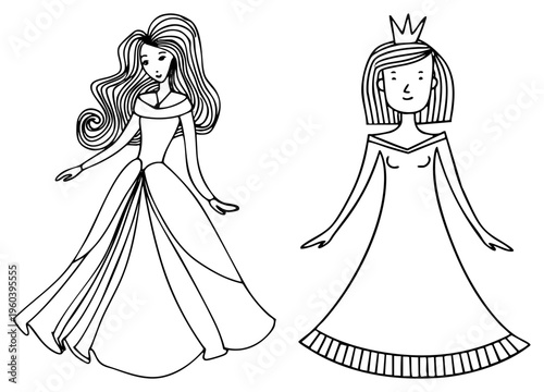 female characters in flowing dresses, one with wavy hair, one with bob and crown, stylized art, page design, figures.