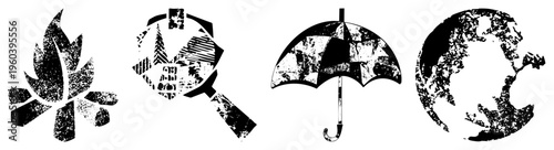 Grungy black vector featuring campfire, magnifying glass, umbrella, and globe, ideal for retro UI, print, or branding. Alternates tools, travel symbols, magnifier, earth graphic.