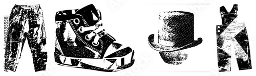 Retro jeans, high top sneakers, top hat, overalls rendered in black and white halftone, graphic vector style, isolated fashion items.