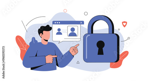 Male character pointing at large security padlock and user account profile interface to represent online data protection and privacy.