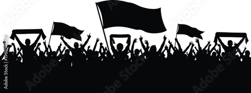 Protest crowd silhouettes, demonstration icons, people with flags, social movement design, collective action art, vector illustration, activism symbol, public expression set
