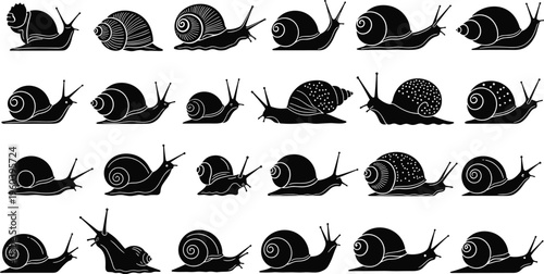 Snail Silhouette Icon Set with Garden Gastropod Shell Variations and Crawling Mollusk Wildlife Shapes Collection for Nature Biology Education and Graphic Design Projects