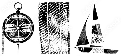 Weathered compass rose, rugged tire tread, sailboat cutout, halftone textures, vector art, isolated travel motifs, navigation and adventure symbols.