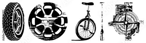 Grunge textured vector tire, wheel rim, unicycle, paddle, compass rose., distressed style for navigation or transport themes.