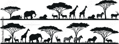 African Safari Wildlife Silhouette Border Set with Elephant Giraffe Zebra Lion Antelope and Acacia Tree Landscape Scenes for Nature Conservation Banner Header and Graphic Design Projects